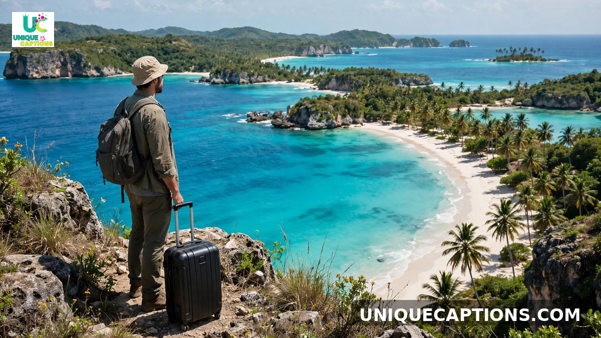 Hot vacation captions - traveler with a suitcase overlooking a tropical beach
