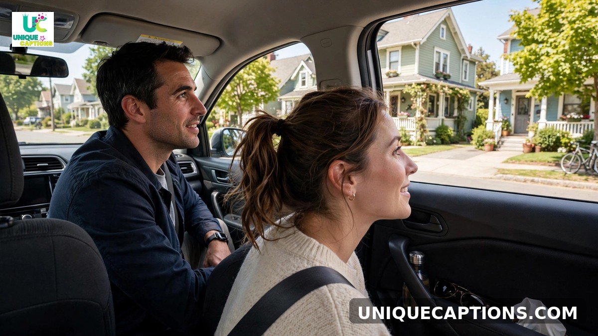 House hunting captions - couple viewing charming houses on a suburban street
