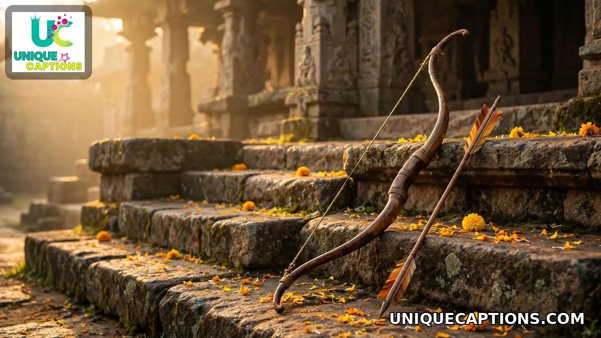 Traditional bow and arrow on temple steps at sunrise, symbol of dharma