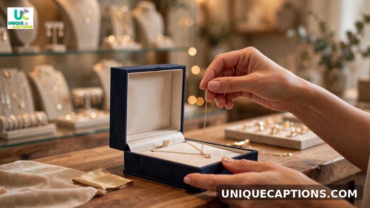 Jewelry business captions - hands placing necklace into elegant gift box on boutique counter