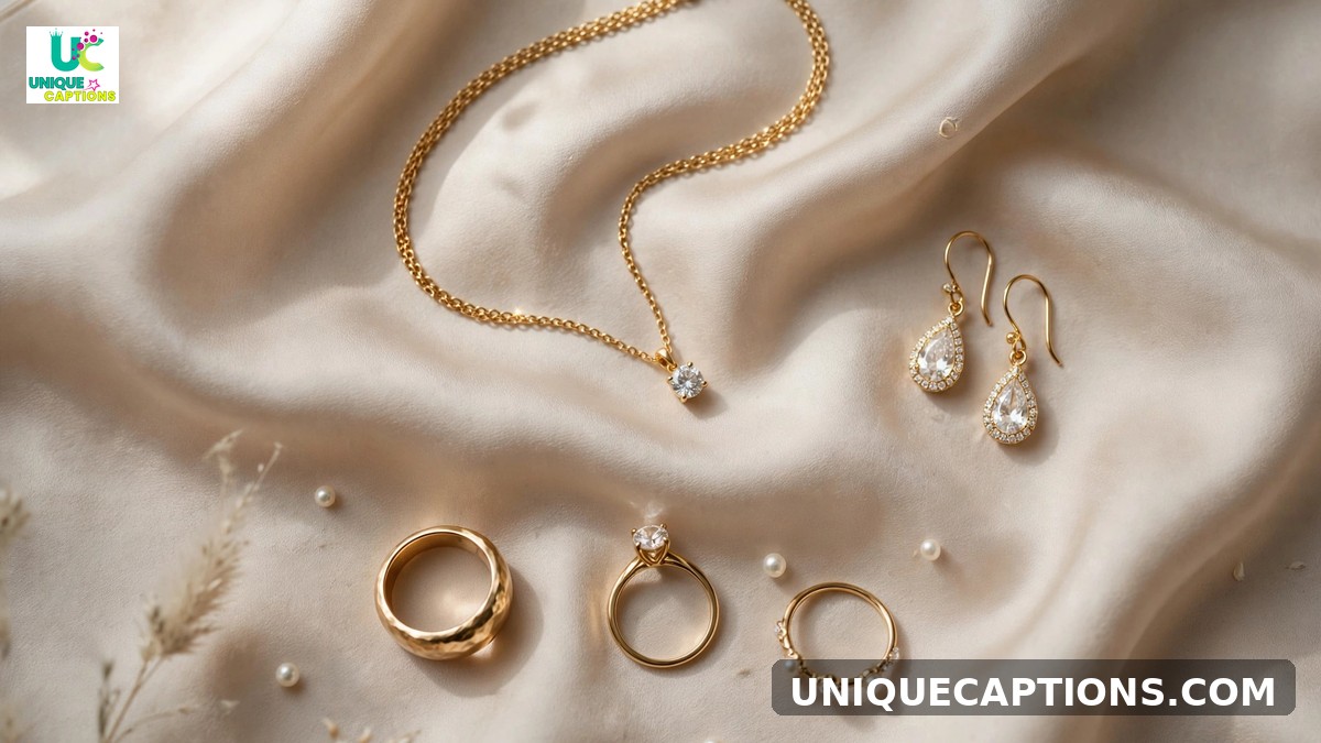 Instagram captions for jewelry and fashion - elegant gold necklace, earrings and rings on beige silk