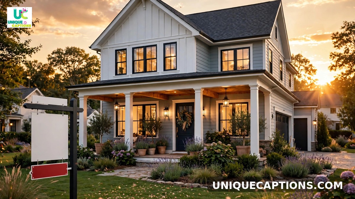 Just sold captions - elegant house exterior with a sold sign rider at sunset