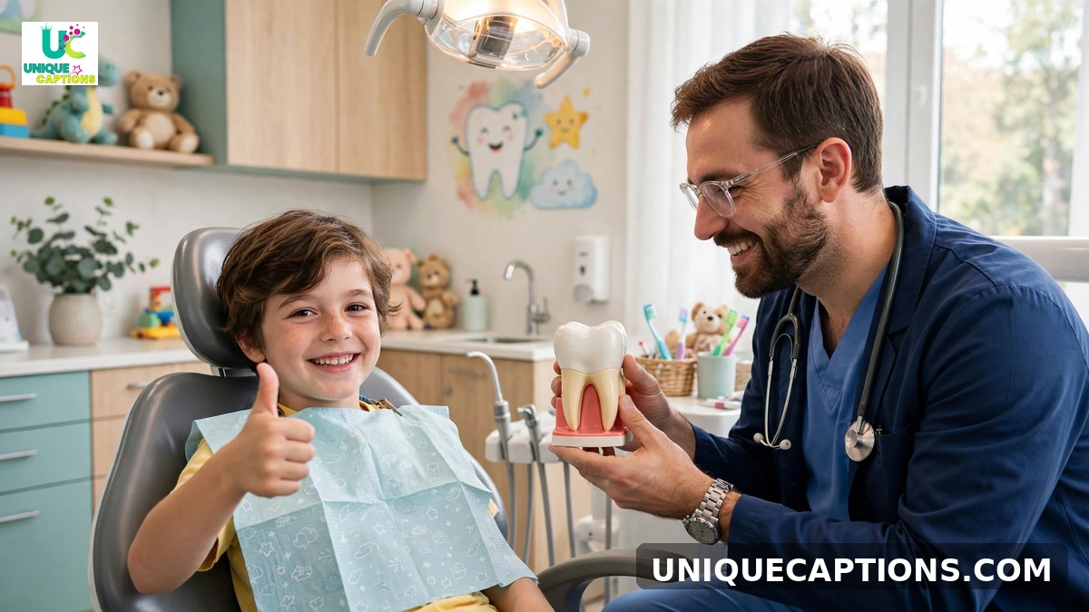 Kids dental captions - happy child giving a thumbs up at the dentist with a tooth model