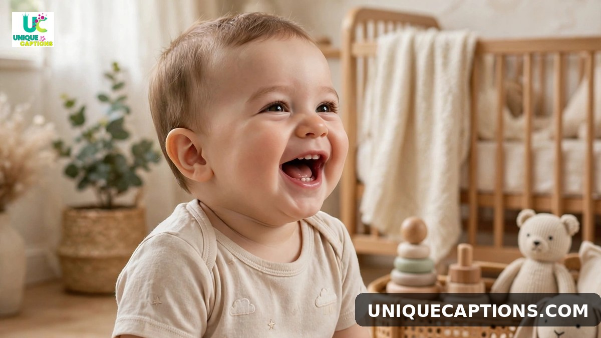 11 months old baby captions for Instagram with a laughing baby in a bright nursery