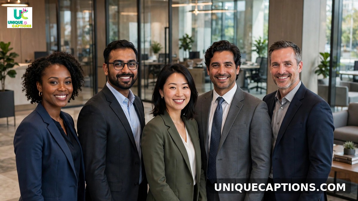 Law firm team captions - diverse team of lawyers standing together in a modern lobby