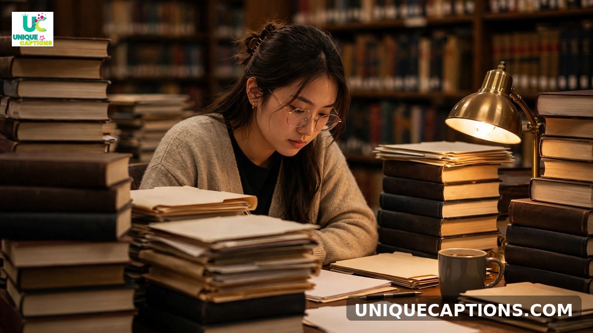 Law student captions - student studying among tall stacks of law books in a library
