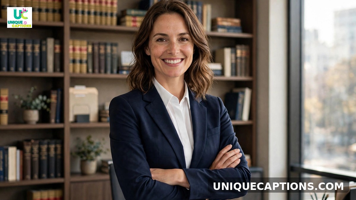 Instagram captions for lawyers - confident lawyer in navy suit standing in a modern law office