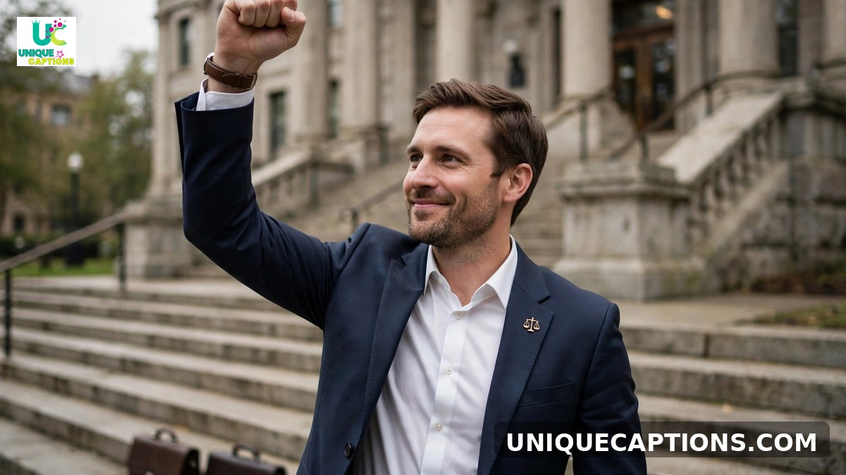 Lawyer milestones captions - lawyer celebrating with raised fist on courthouse steps