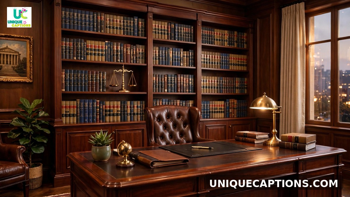 Lawyer office captions - elegant office with mahogany desk and legal bookshelves