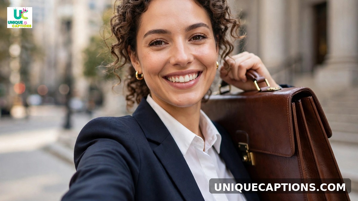 Lawyer selfie captions - young lawyer taking a selfie outside a courthouse with briefcase