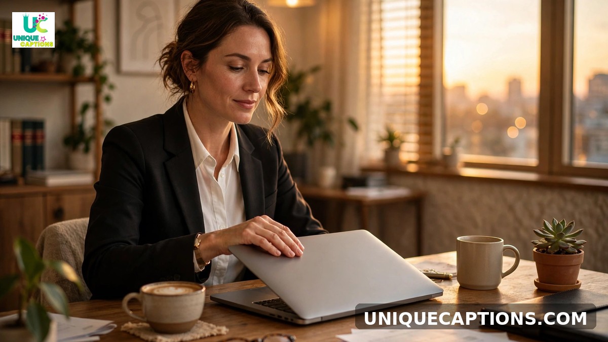 Lawyer work-life balance captions - closing laptop at golden hour with coffee