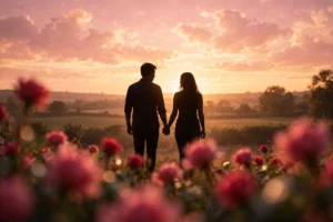 Couple holding hands in silhouette against a pink and golden sunset sky with roses in the foreground.