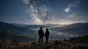 Couple holding hands silhouetted under a starry night sky in soft moonlight.