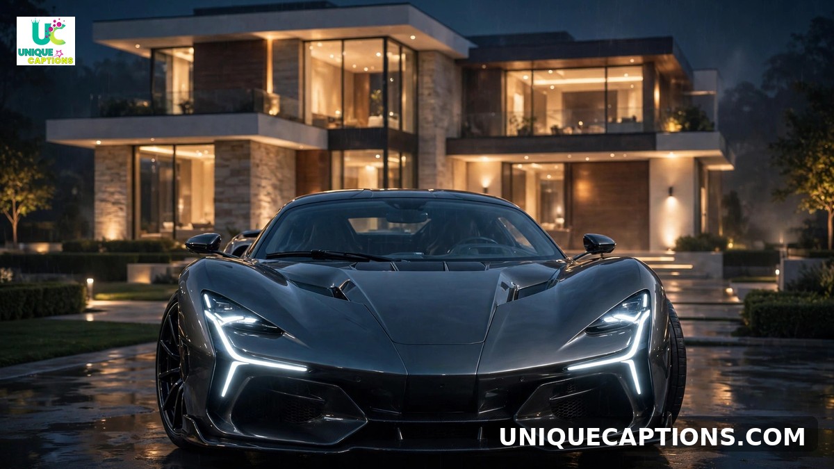 Luxury car captions - sports car at night before a modern mansion
