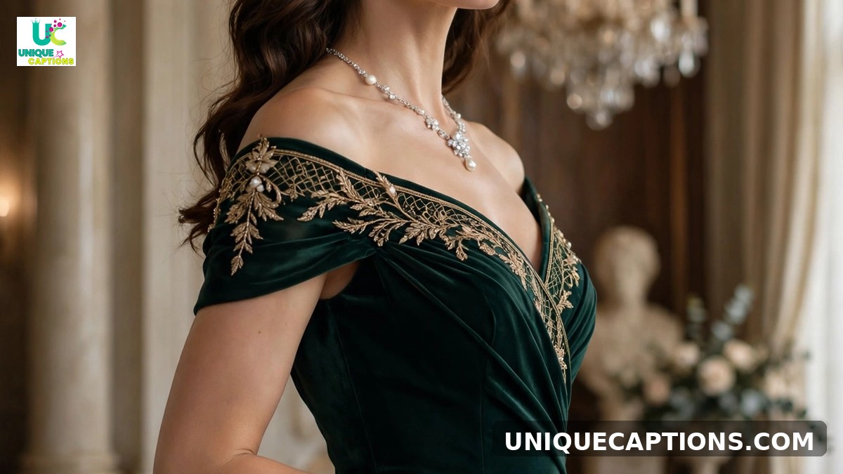 Luxury fashion captions - elegant woman in refined gown with fine jewelry in grand interior