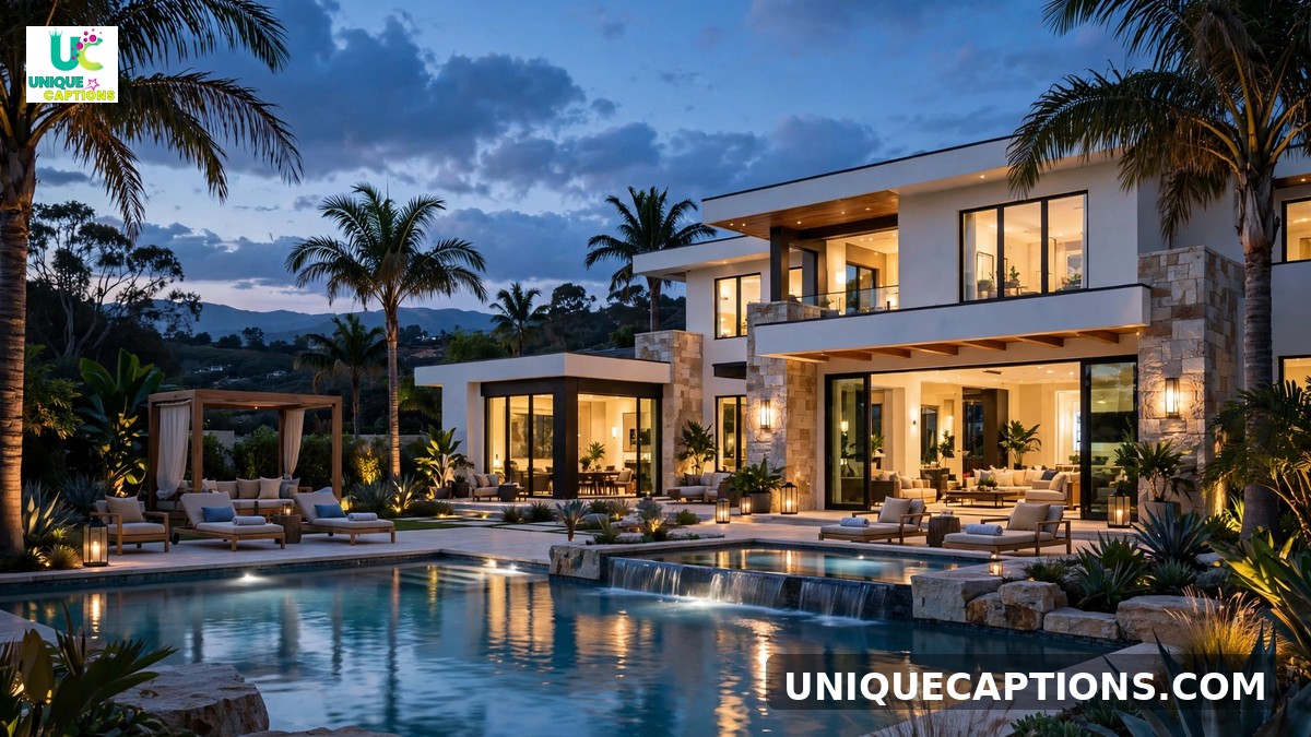 Luxury home captions - stunning mansion with swimming pool at dusk with glowing lights