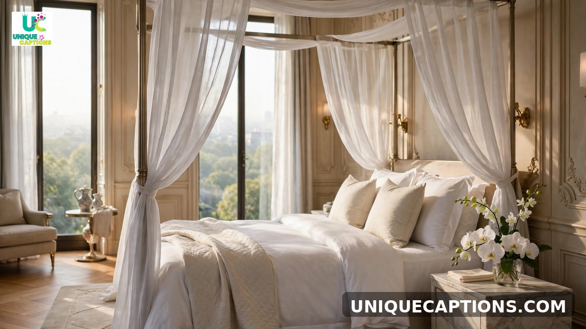 Luxury hotel captions - opulent suite bedroom with orchids in morning light