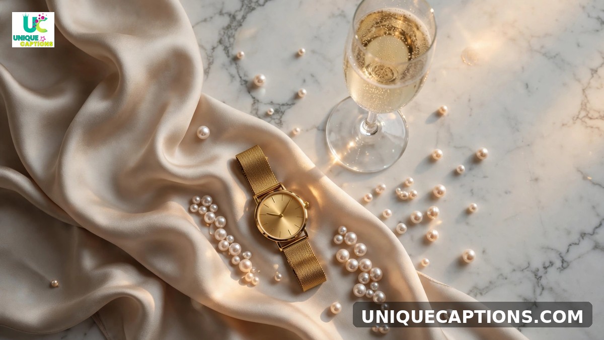 Instagram captions for luxury lifestyle - elegant flat lay with gold watch, champagne and pearls on marble