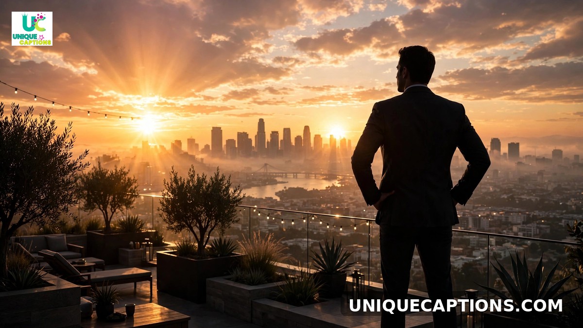 Luxury mindset captions - entrepreneur silhouette overlooking city at sunrise