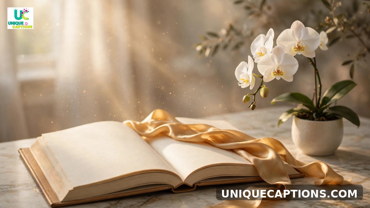 Luxury quotes for Instagram - open book with golden light and orchid on marble desk