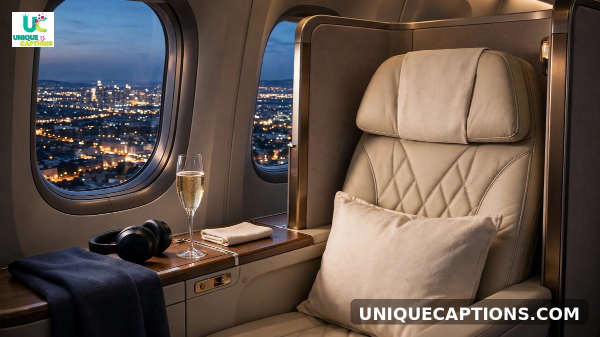 Luxury travel captions - first-class cabin seat with champagne at dusk