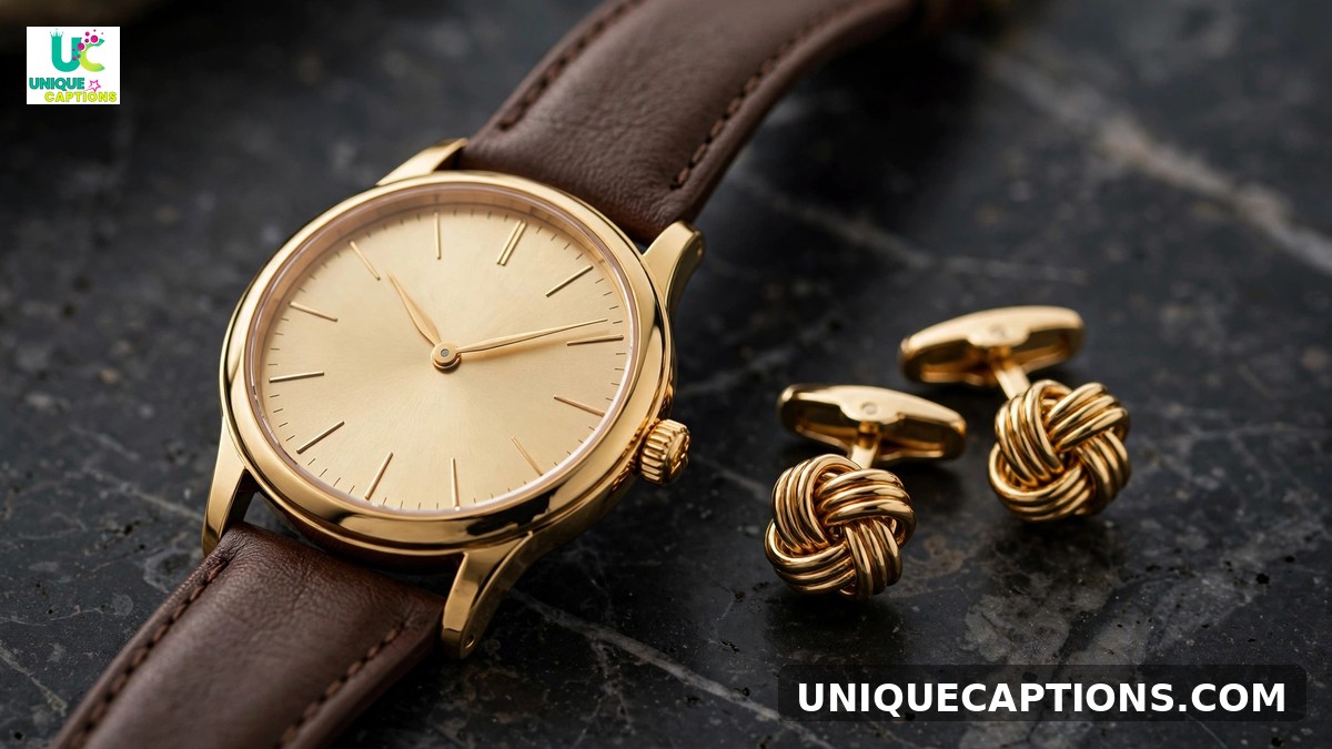 Luxury watch captions - gold wristwatch macro on dark marble with cufflinks