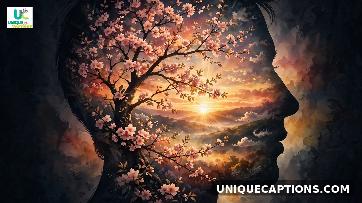 Mindset coaching captions - silhouette head filled with blooming tree and sunrise