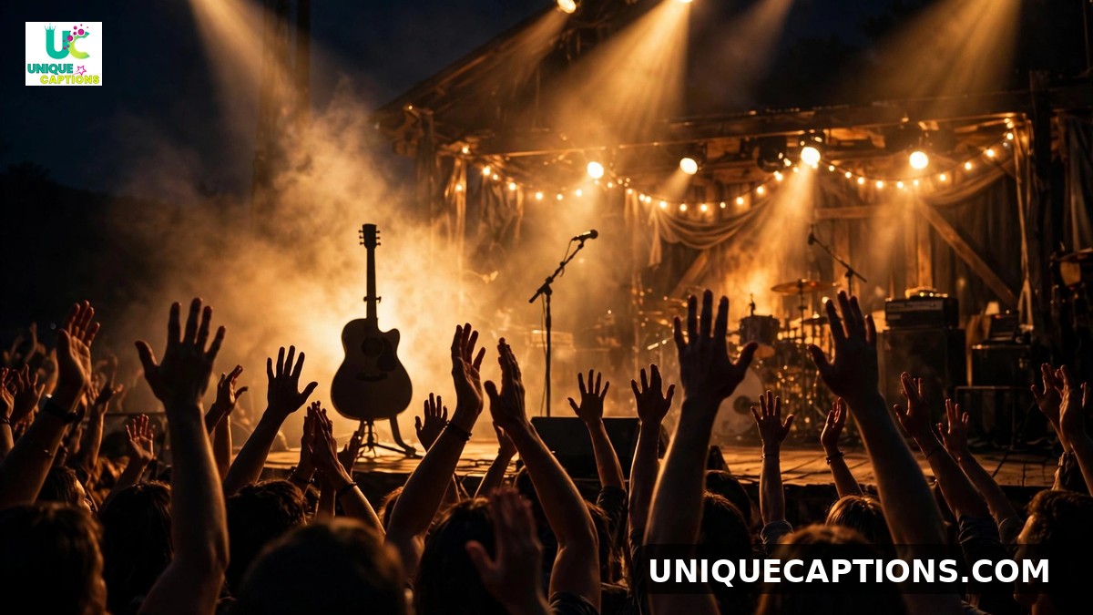 Morgan Wallen captions for country vibes - concert stage with golden lights and crowd