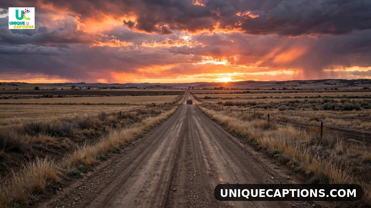 Morgan Wallen couple captions - dirt road at sunset with a pickup truck
