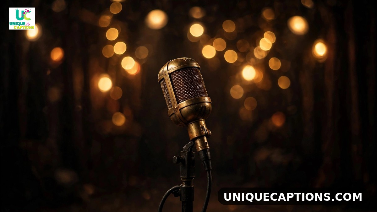 Short Morgan Wallen captions - vintage microphone on stage with warm bokeh lights