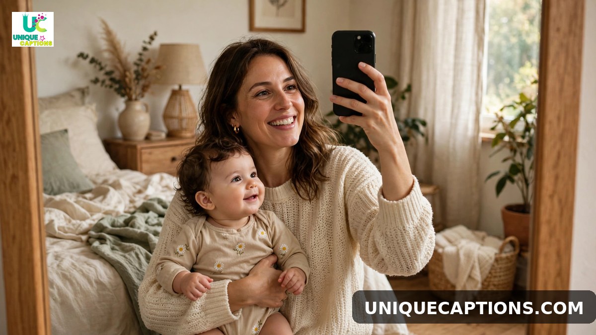 Sweet mommy and baby 11 month caption photo of a mirror selfie in a cozy bedroom