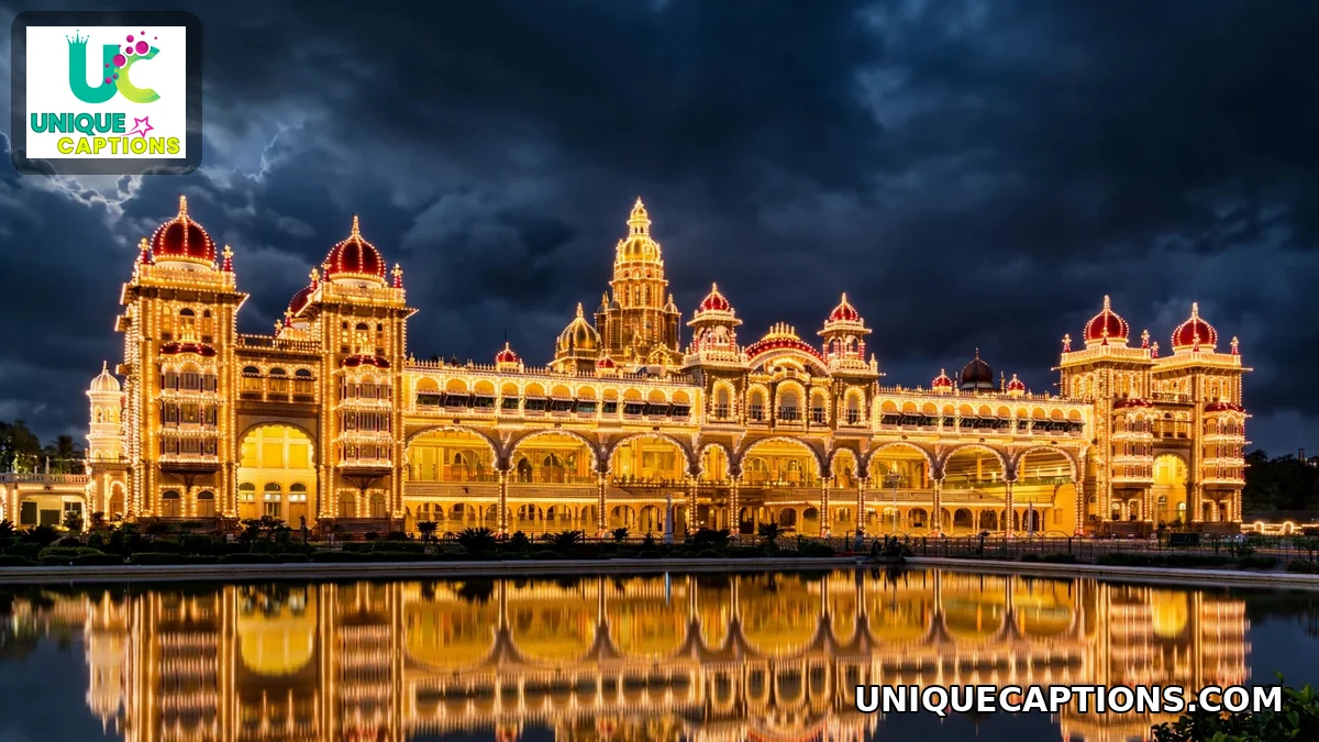 Mysore Palace illuminated with golden lights during Dasara at night