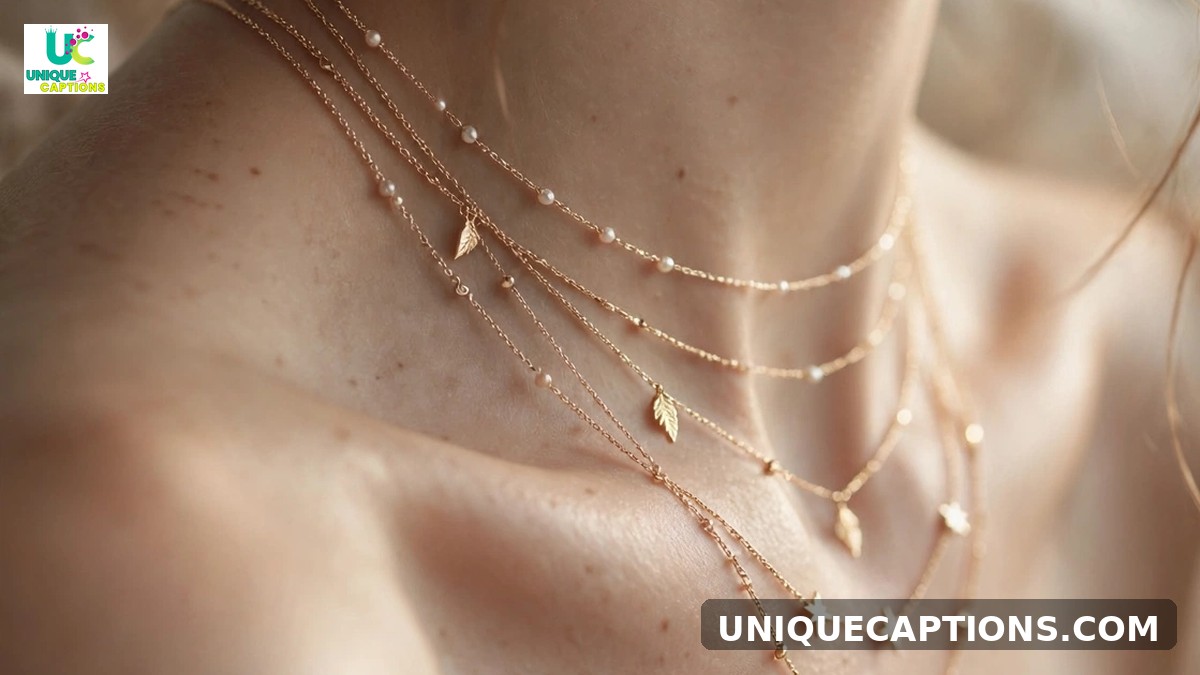 Necklace captions for Instagram - woman wearing layered delicate necklaces in glowing light