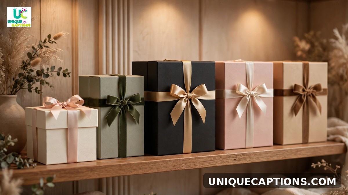 New arrival captions - fresh products in elegant boxes on a boutique shelf