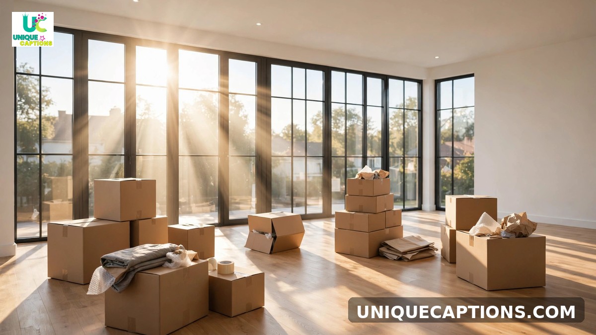 New homeowner captions - moving boxes in a bright empty living room with sunlight