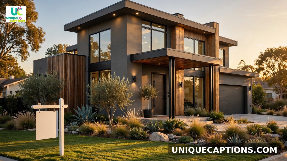New listing captions for realtors - modern house exterior with for-sale sign at golden hour