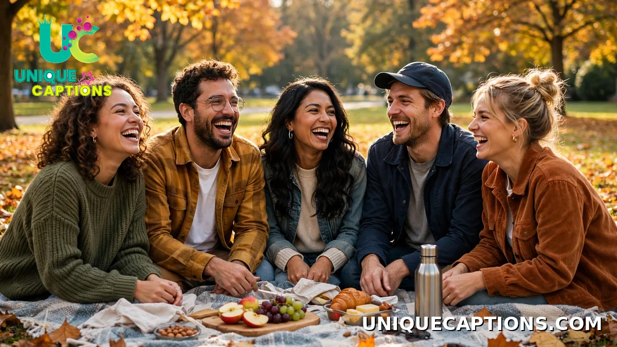 November captions for friends laughing on a picnic