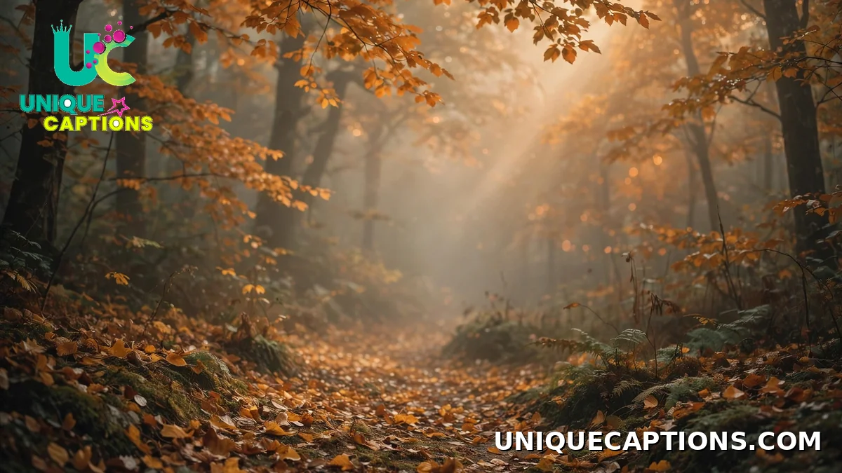 Aesthetic October dump captions — misty golden forest path covered in falling leaves
