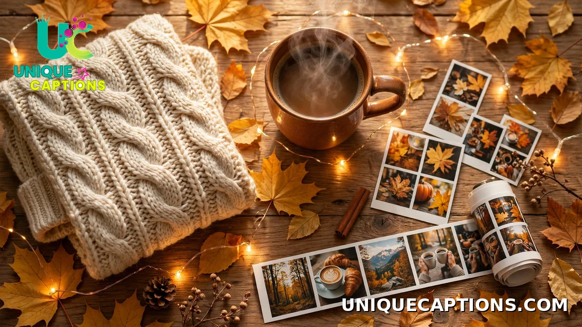 Best October dump captions for Instagram — cozy autumn flat lay with leaves, coffee, and fairy lights