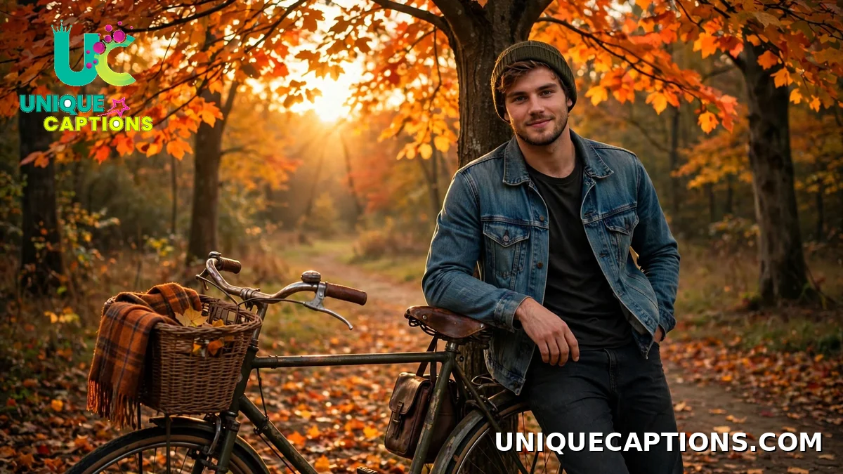 October dump captions for boys — young man in denim jacket leaning on a vintage bike under orange trees
