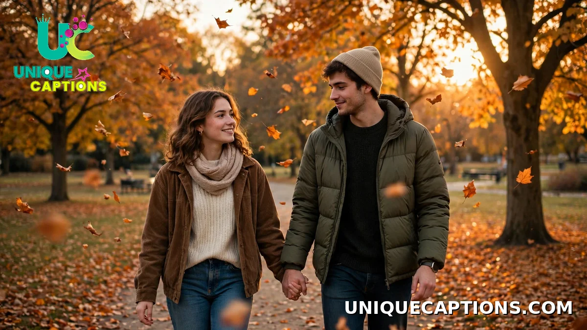 October dump captions for couples — couple holding hands walking among falling autumn leaves
