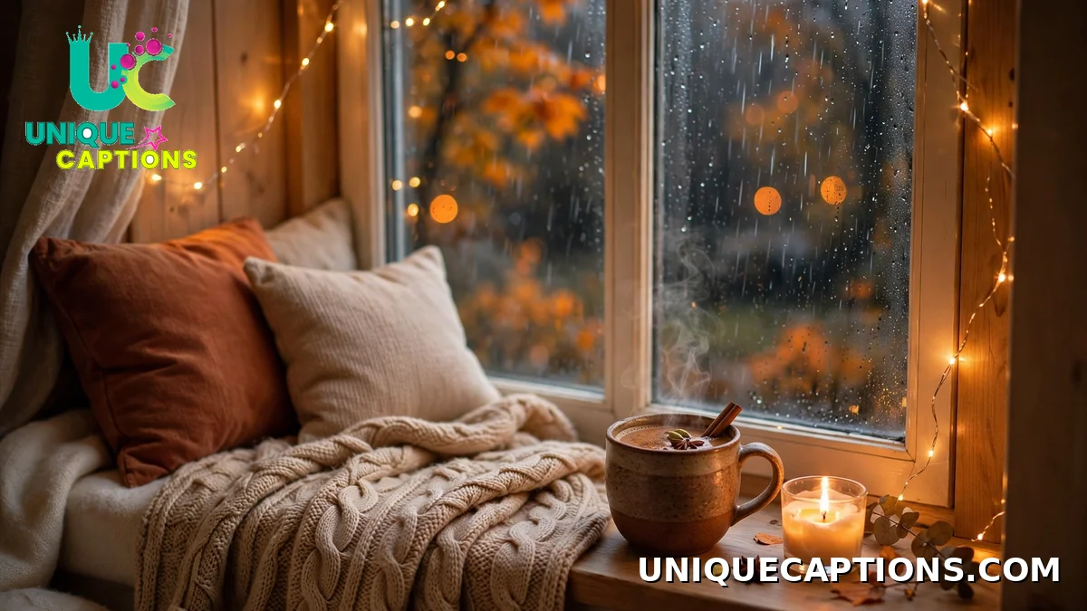 Cozy October evenings captions — warm window nook with chai, blanket, candle and fairy lights