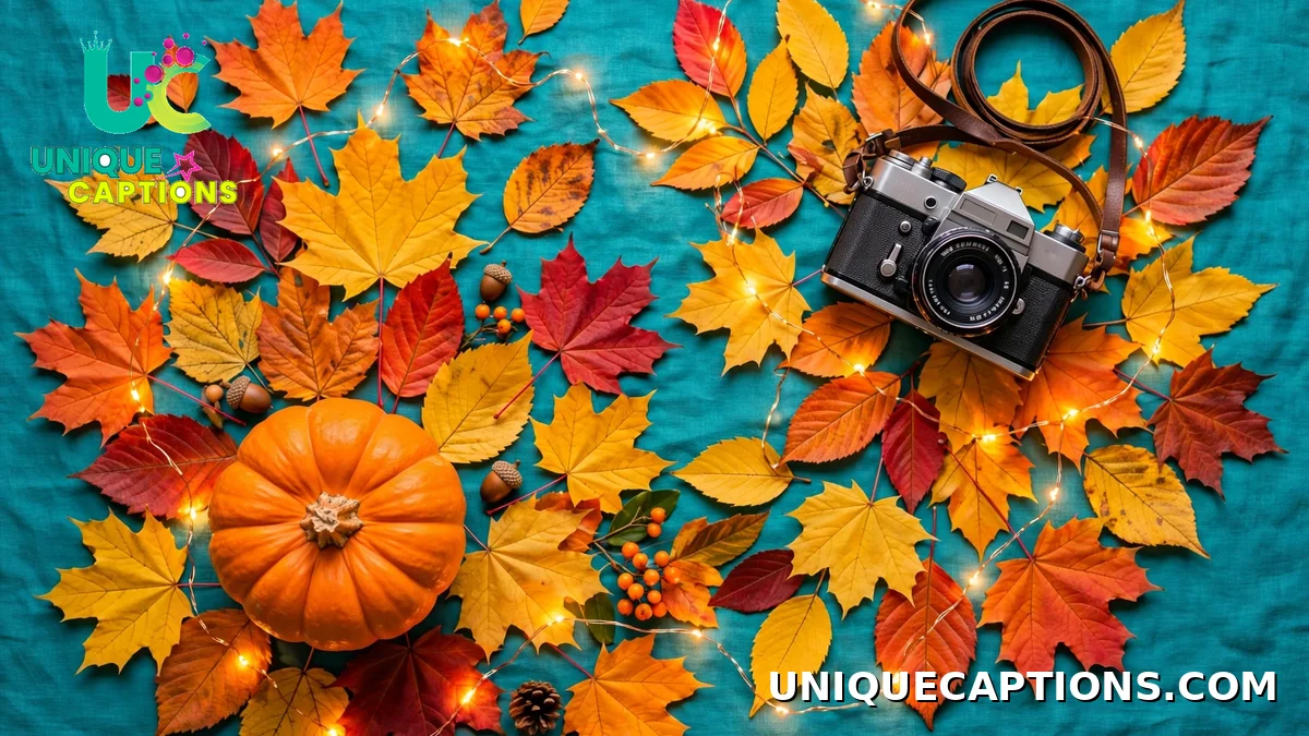 October dump captions with emojis — vibrant autumn flat lay with pumpkin, fairy lights and camera