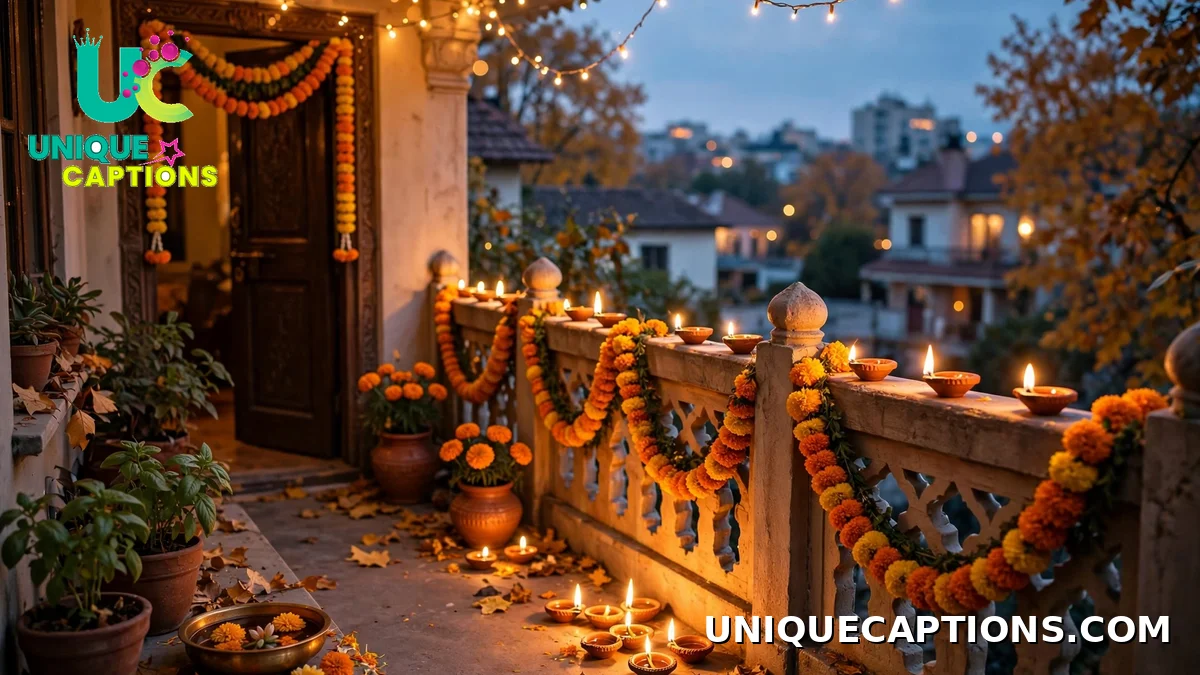 Festive October dump captions — glowing diyas, marigold garlands and string lights on a home balcony
