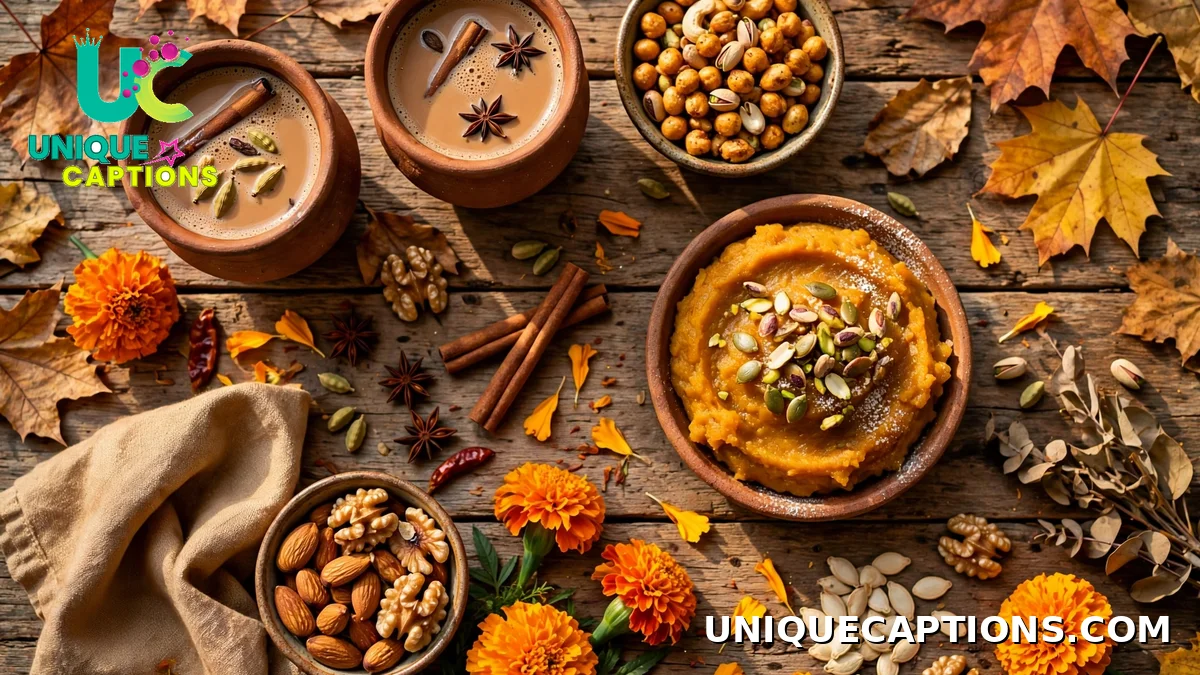 October food dump captions — masala chai in clay kulhads with snacks and marigold flowers