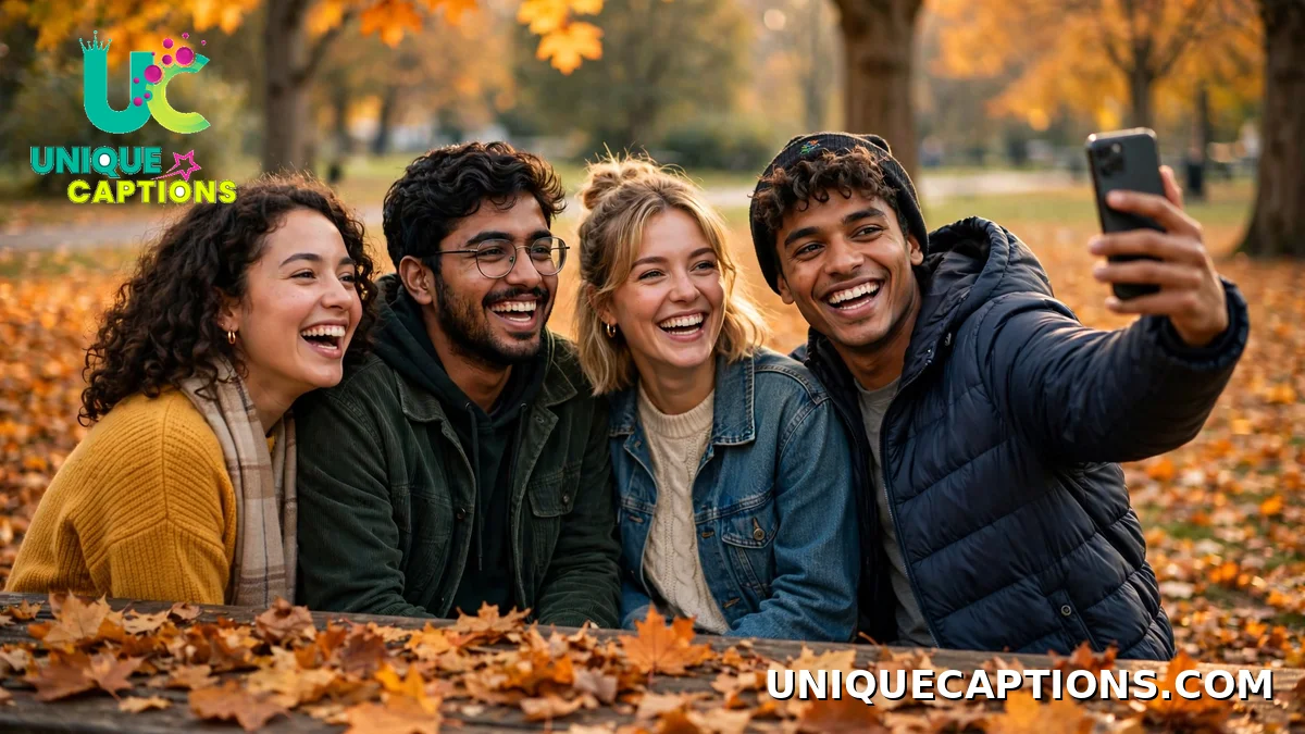 October dump captions for friends — laughing friends taking a group photo in an autumn park