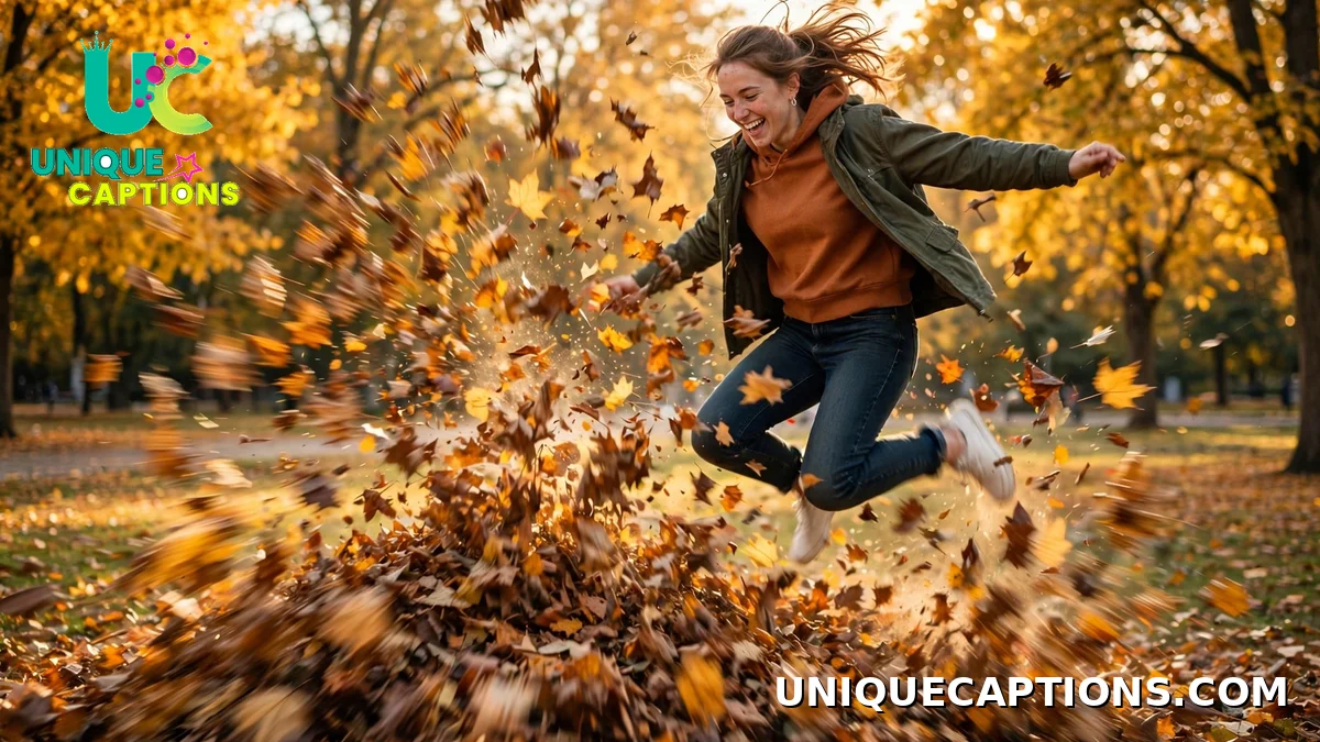 Funny October dump captions — jumping into a pile of crunchy autumn leaves in the park