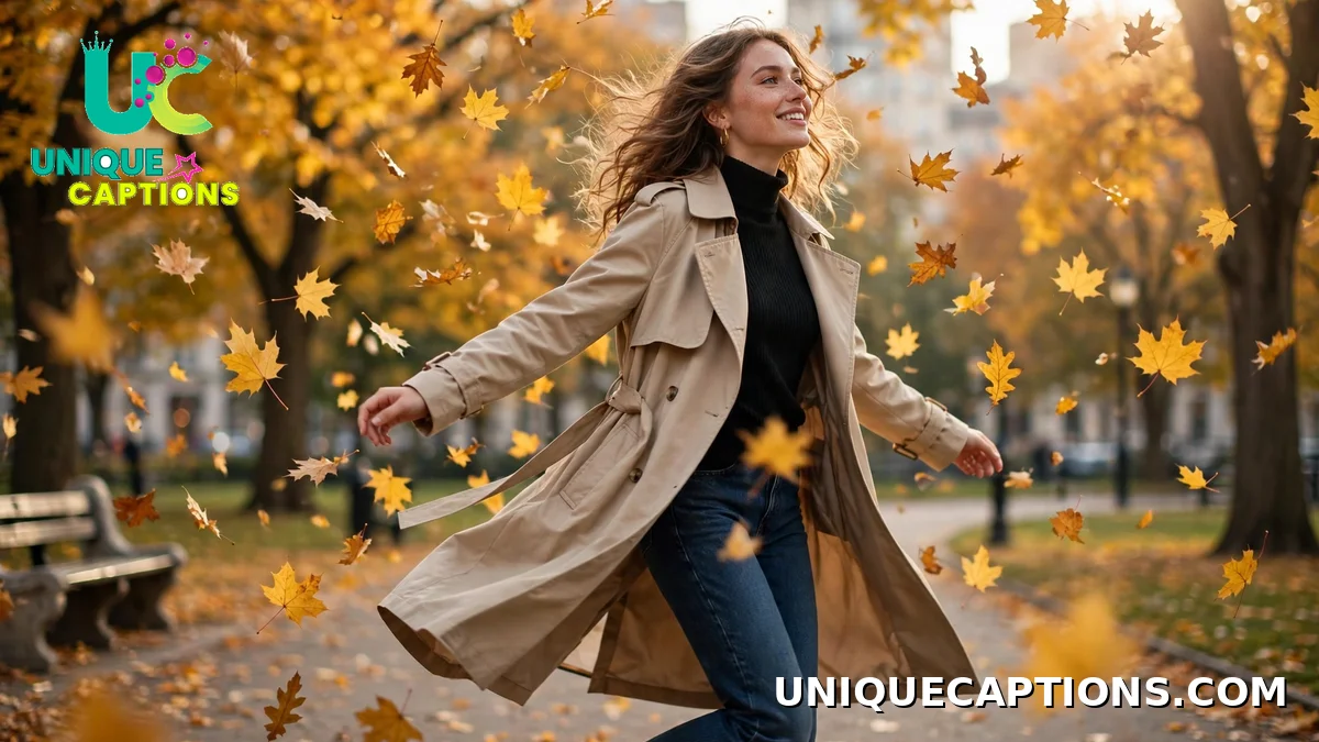 October dump captions for girls — stylish woman in a trench coat twirling among golden autumn leaves