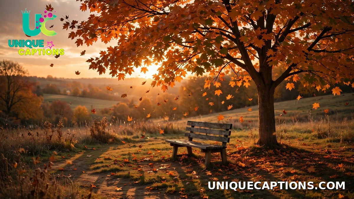 Nostalgic end-of-October captions — lone bench under a maple tree with drifting orange leaves at sunset