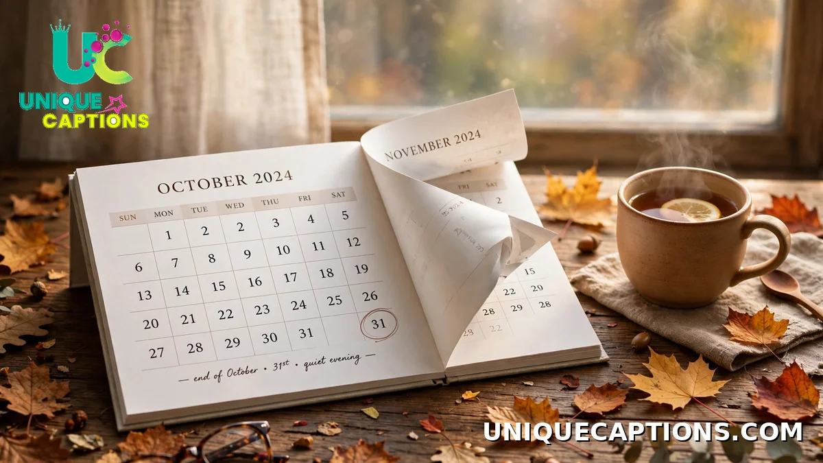 Hello November October recap captions — October calendar page turning with autumn leaves and warm chai